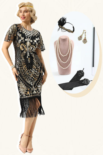 Black Sequins Fringed Cap Sleeves 1920s Dress with Accessories Set
